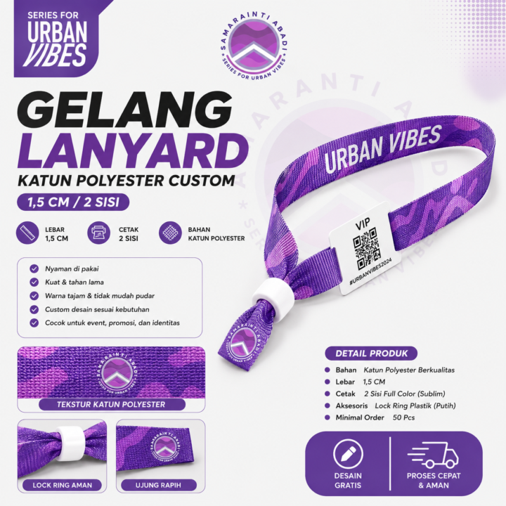 Gelang Lanyard Katun Polyester Custom 1,5 Cm / 2 Sisi