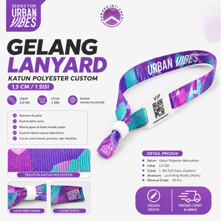 Gelang Lanyard Katun Polyester Custom 1,5 Cm / 1 Sisi