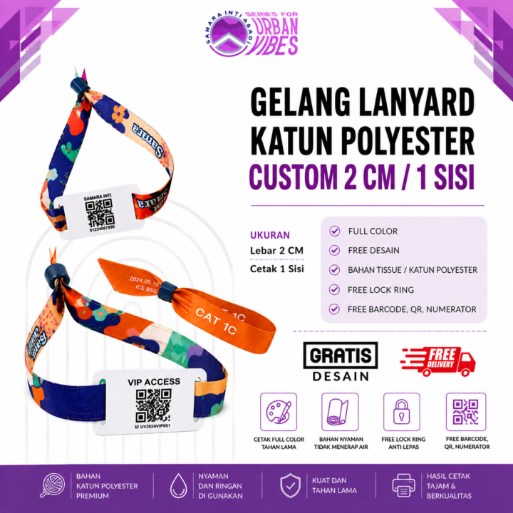 Gelang Lanyard Katun Polyester Custom 2 Cm / 1 Sisi