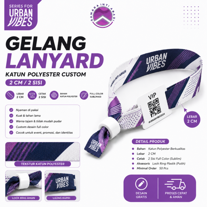 Gelang Lanyard Katun Polyester Custom 2 Cm / 2 Sisi