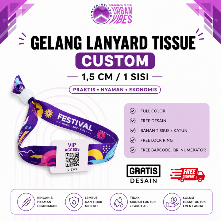 Gelang Lanyard Tissue Custom 1,5 Cm / 1 Sisi