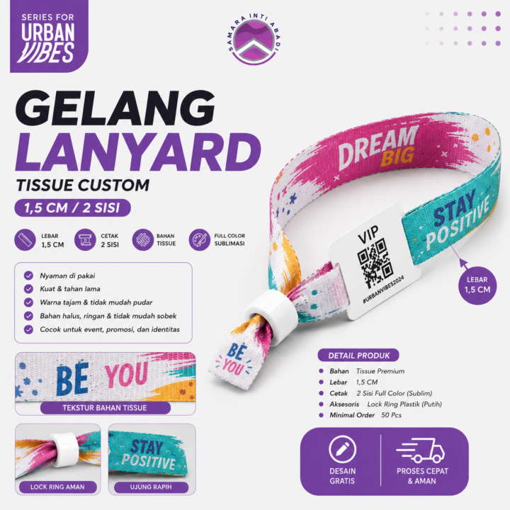 Gelang Lanyard Tissue Custom 1,5 Cm / 2 Sisi