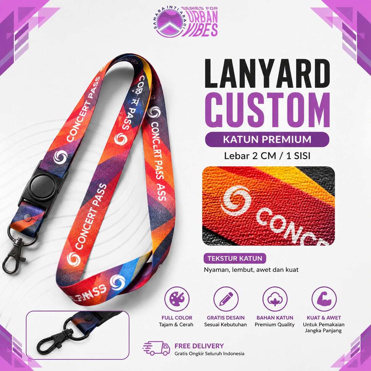 Tali Lanyard Bahan Katun Custom 2 Cm / 1 Sisi