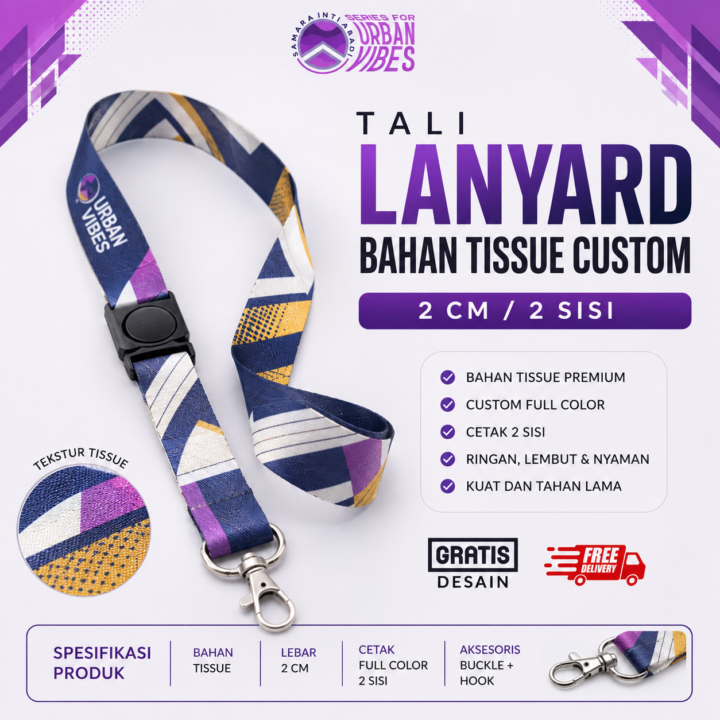 Tali Lanyard Bahan Tissue Custom 2 Cm / 2 Sisi